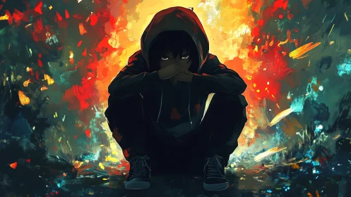 Hooded youth crouches in a storm of blazing urban color