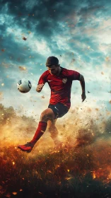 Soccer player in red kit strikes ball amid flying debris