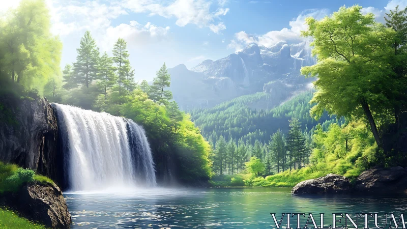 Luminous forest waterfall with alpine backdrop, digital realism.