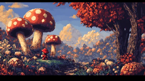 Pixel forest journey beneath towering red mushrooms.