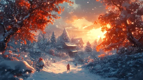Snowy temple path glows beneath a fiery winter sunset.