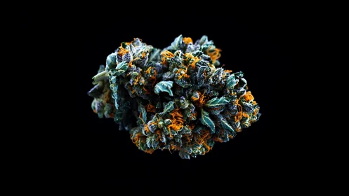 Macro cannabis flower bud with resinous trichomes, black backdrop