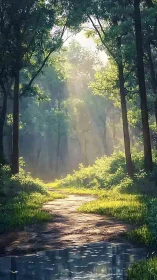 Misty Forest Path. Sunlit Road Through Ancient Woods.
