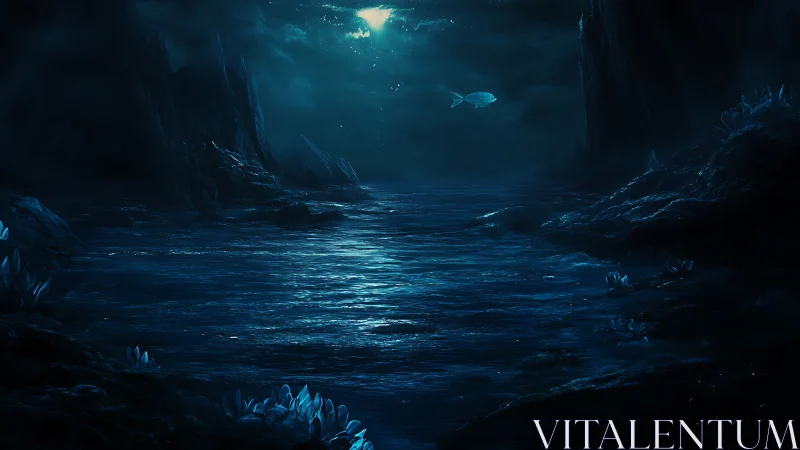 Moonlit alien cavern sea glows with floating fish above