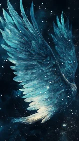 Celestial blue wings unfurl in a quiet, star-filled void