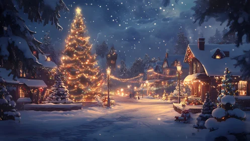 Snowy village glows under a welcoming Christmas night sky