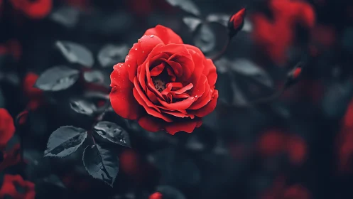 Red rose bloom with layered petals against darkened foliage