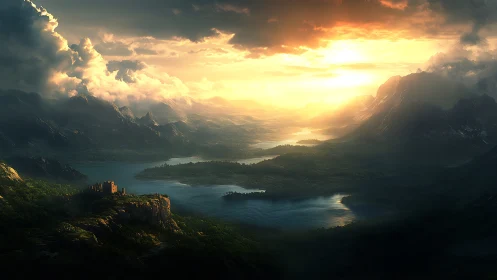 Sunlit kingdom cradled by misty mountains and deep lakes.