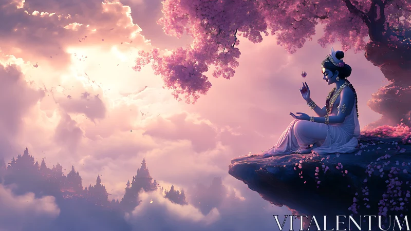 Divine figure meditates on cliff above mythic cloud city