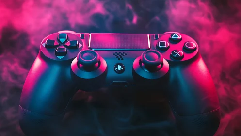 Neon-Lit Gaming Controller Against Atmospheric Pink and Cyan Backdrop
