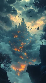 Burning sky citadel above chasms of silhouetted watchers.