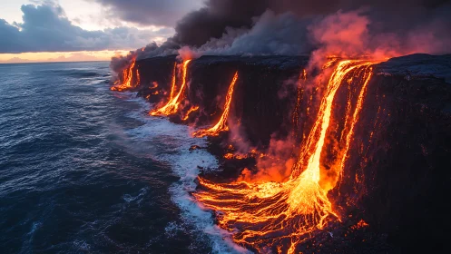 Nature's Fiery Drama: Lava Flows Meet the Sea