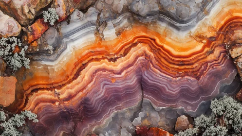 Layered agate mineral cross-section in orange and violet tones.