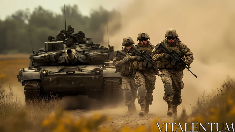 Armored infantry maneuver with main battle tank in dust plume.