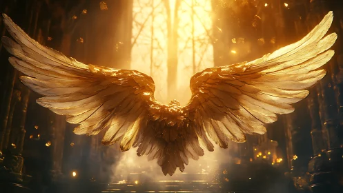 Golden wings unfurl like sunrise inside a forgotten cathedral