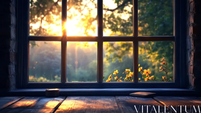 Warm sunrise through rustic window with glowing wildflowers
