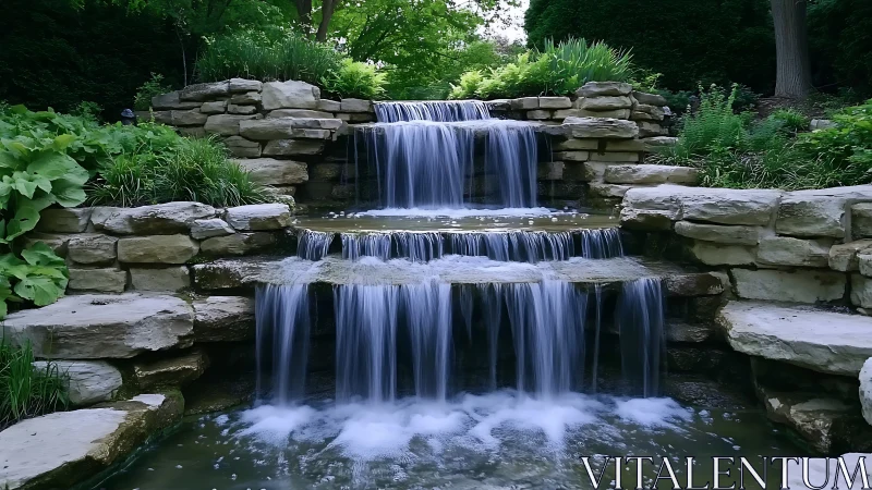 Multi-tiered stone garden waterfall in lush green landscape.
