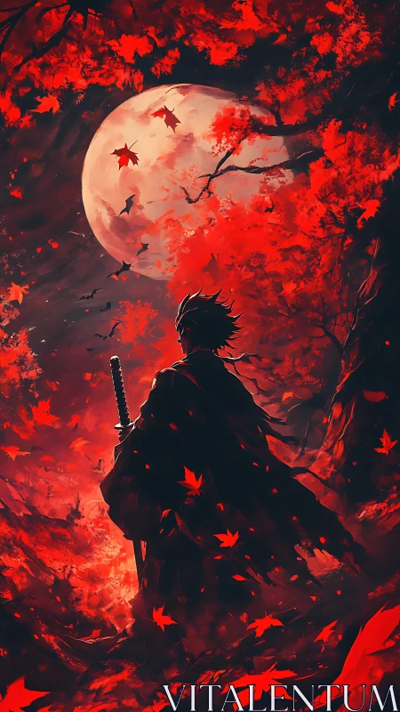 Moonlit ronin drifts through a crimson storm of autumn fire.