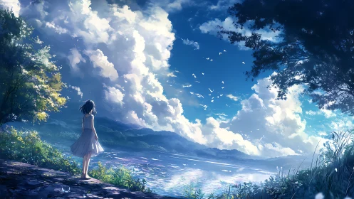 Girl in white dress stands alone by bright lakeside sky.