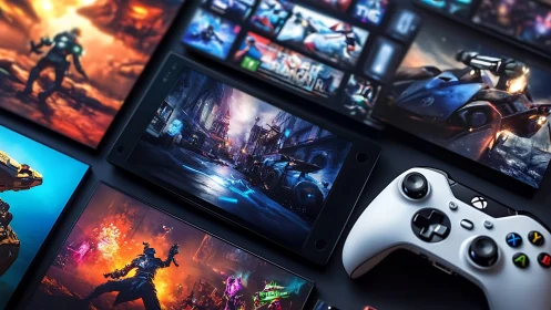 Digital gaming ecosystem with cinematic interface layout design.