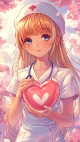 Young nurse holding stylized heart object outdoors.