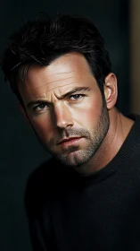 Brooding gaze in dark knit, storm-lit portrait intensity.