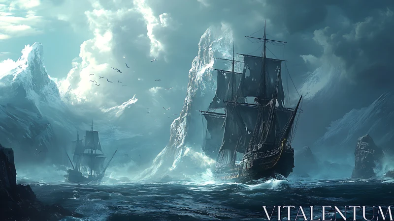 Storm-lashed galleon cuts through icy archipelago seascape.