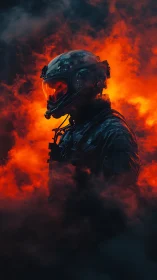 Armored soldier in infernal smoke rendered with cinematic lighting