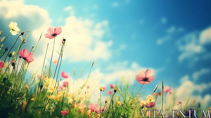 Wildflower meadow with cosmos blooms against luminous sky