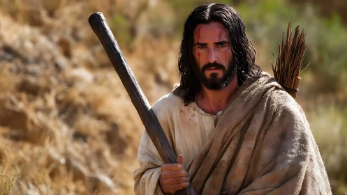 Desert wanderer in tattered cloak holding wooden staff.