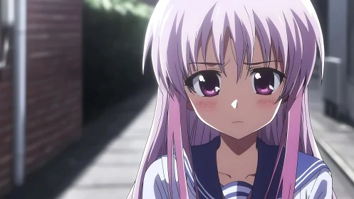 Soft pink haired schoolgirl walks down a quiet alleyway