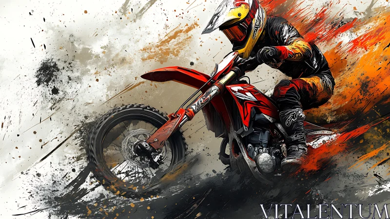 Dynamic motocross rider on red dirt bike in abstract spray