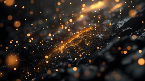 Abstract glowing gold particles on dark background, digital art style.