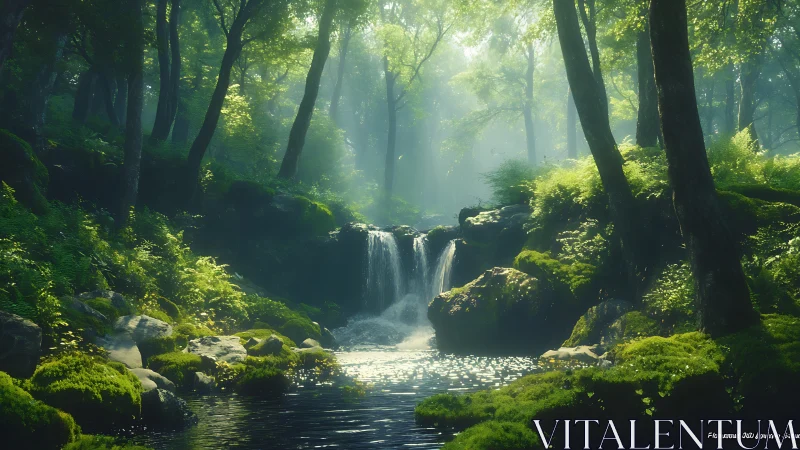 Temperate forest stream with cascading waterfall in misty woodland environment
