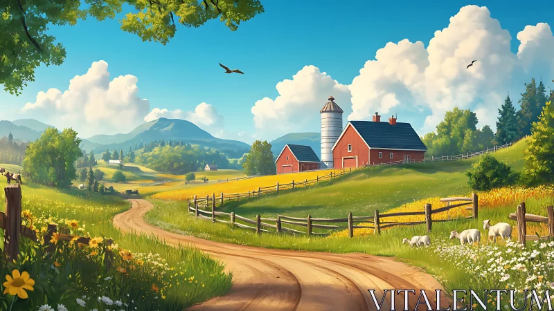 Idyllic pastoral farmstead under luminous summer sky.
