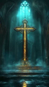Luminous golden cross rises inside vast misty cathedral