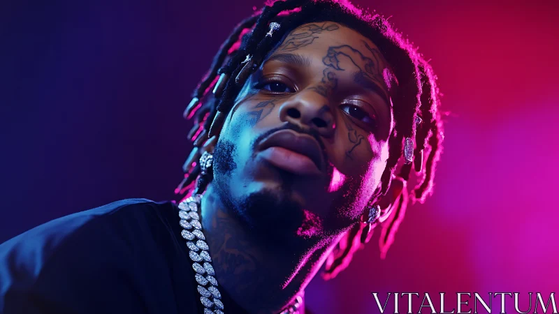 Tattooed rapper portrait under neon magenta blue lights.