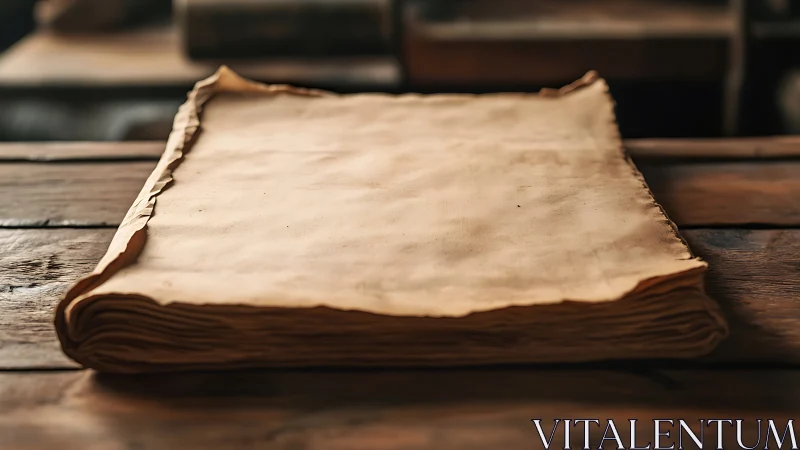 Aged parchment stack lies on rustic wooden table in shallow focus