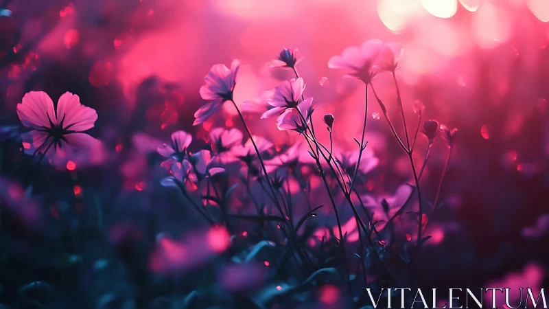 Field of pink flowers rendered with atmospheric bokeh and depth blur