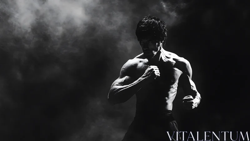 Martial artist holds a powerful fighting stance in shadows