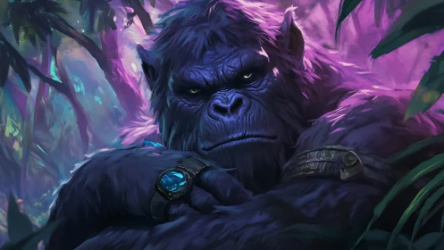 Gentle jungle titan resting under neon twilight skies.