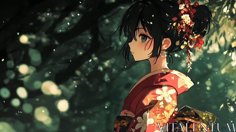 Forest-kissed kimono girl glowing in drifting light dust.