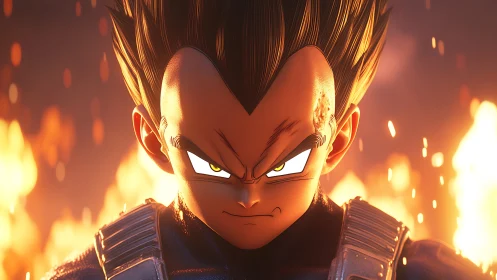 Armored anime warrior portrait amid blazing flames.