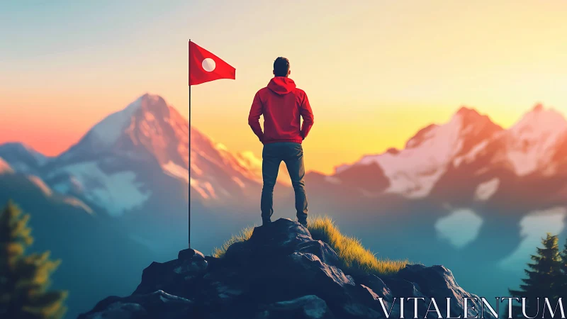 Person stands on rocky summit beside flag at mountain sunrise