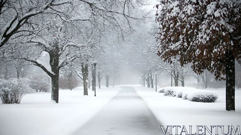 Snowy park pathway stretches into a quiet winter haze.