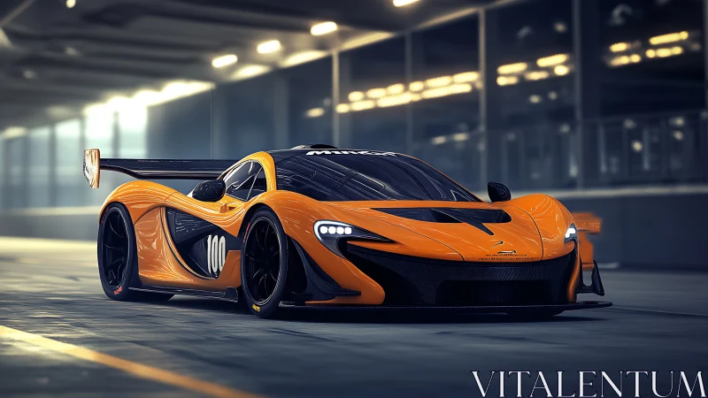 Orange racing coupe is rendered in a controlled tunnel environment