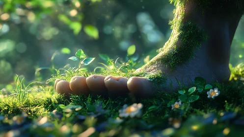 Giant mossy foot in magical forest, enchanting fantasy style.