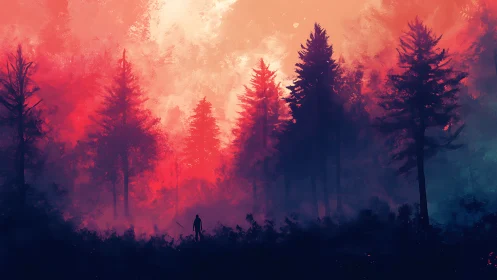 Solitary Figure in Burning Forest Dawn.