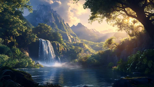 Lush waterfall valley under glowing mountain sunset.