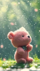 Soft pink teddy bear basking in gentle forest light.
